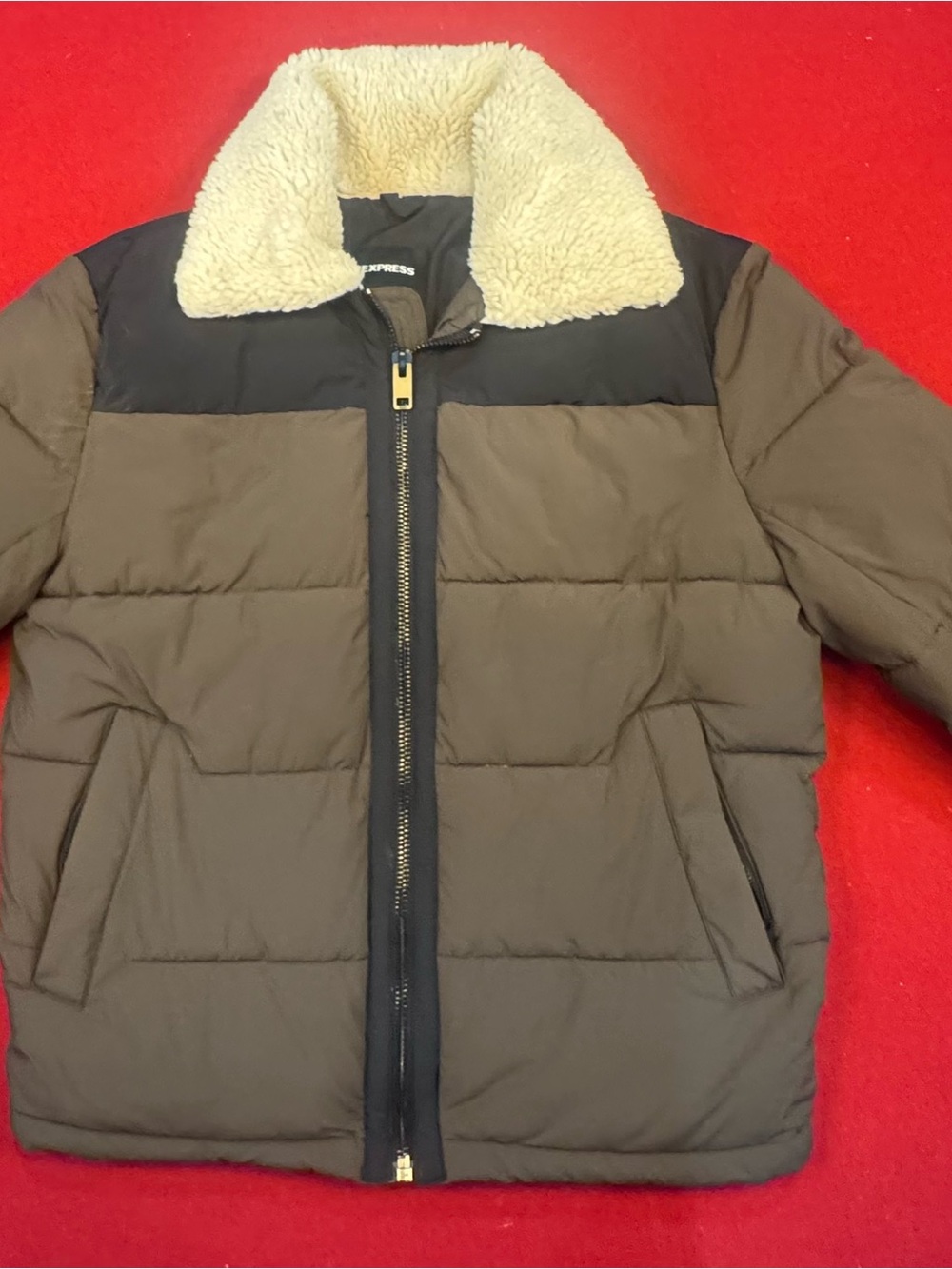 Express Men's Brown Puffer Jacket with Black Yoke and Cream Sherpa Collar